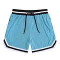 Detail of men's mesh athletic shorts with striped waistband and drawstring closure. - Light Blue