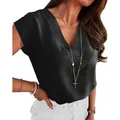 Elegant women's black V-neck short sleeve blouse featuring premium silk-like texture - S / Tops / Black