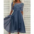 Dusty blue chiffon midi dress with elegant lace bodice and sheer sleeves for bridesmaids. - Blue Gray