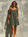 Elegant olive green spaghetti strap summer dress with V-neck and side pockets for women - S / Dresses / Olive Green
