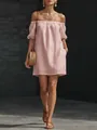 Elegant pink off-the-shoulder cotton linen dress featuring a loose fit for summer resort wear - S / Dresses / Pink