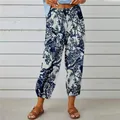 Vintage blue floral print cotton linen pants with high elastic drawstring waist - S / Bottoms / White