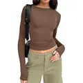 Macro detail of a brown slim-fit long-sleeved crew neck t-shirt for women's street style - XS / Tops / Dark Brown