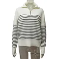 Close-up of white and black striped knit sweater for women with half-zip polo collar - S / Tops / Off-White Striped