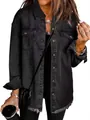 Black washed denim shirt jacket with frayed hem and chest pockets - S / Tops / Black