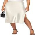 Close-up of elegant white satin midi skirt with side slit and high waist design - S / Bottoms / Off White