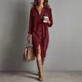 Elegant burgundy corduroy long-sleeve shirt dress with lapels and loose maxi fit style - S / Dresses / Burgundy