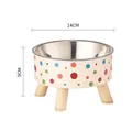 Elevated stainless steel pet bowl with colorful polka dots and three wooden legs - OPP Sealed Bag / Colorful Polka Dot Elevated Bowl + Stainless Steel