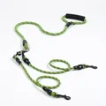Full detail view of neon green multi-dog leash featuring detachable leads and foam handle - Dual 2-Pet / Green