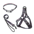 Conjunto ajustable de arnés correa collar para perro de 3 piezas con estampado de lunares - Set de tres piezas / 1.5cm*120cm / Puntos púrpuras