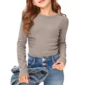 Detailed view of the rib-knit texture on this girls' long-sleeve slim fit T-shirt. - S / Tops / Light Khaki