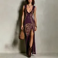 Bohemiennes ärmelloses Maxikleid mit Digitaldruck, hohem Schlitz und V-Ausschnitt - XS / Kleider / Lila