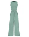 Two-piece sage green ribbed knit set featuring a sleeveless tank top and wide-leg pants - S / Top And Bottom / Mint Green