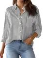 Chemise classique à rayures verticales noires et blanches pour femme avec manches longues - Noir