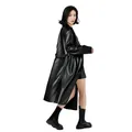 Trench-coat long et élégant en similicuir noir pour femme avec ceinture à nouer - M / Hauts / Noir