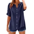 Detailweergave van marineblauw linnen overhemd met korte mouwen en witte knopen - 3XL / Tops / Marineblauw