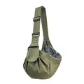 Detailed view of olive green pet sling bag with adjustable strap and checkered lining. - Canvas Bag (2128#) / Army Green