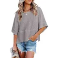 Women's casual grey loose summer T-shirt featuring bell sleeves and a round neck - Gray