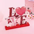 Décoration de table LOVE en bois avec cœur pailleté et ours pour la Saint-Valentin - Amour / Rouge