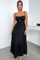 Elegant black tiered camisole maxi dress featuring a chic cut-out detail and flowy skirt - S / Black