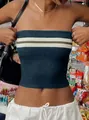 Trendy navy blue knitted tube top featuring olive stripes and a sexy bodycon fit - S / Tops / Blue