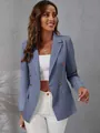 Detailed macro view of a dusty blue double-breasted women's blazer with golden buttons - S / Tops / Grey Blue