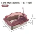 Large stainless steel cat litter box with a translucent pink high splash guard fence - High Basin (0821) / Transparent Pink