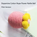 Handmade pink cotton rope cat toy ball with bell and colorful flower plush pom poms - Single Piece / Pink