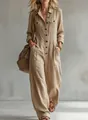 Casual khaki linen utility jumpsuit with lapel long sleeves and a wide leg design - S / Top And Bottom / Khaki