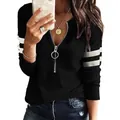 Close-up of women's ribbed black long-sleeve T-shirt with zipper V-neck detail - S / Tops / Black