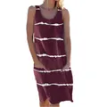 Casual burgundy tank dress with white stripes and functional side pockets - S / Dress (QZ20210416) / Burgundy