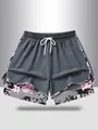 Close-up view of women's 2-in-1 sports shorts with pink pixel pattern and white drawstring. - S / Bottoms / Dark Gray