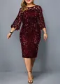 Elegantes bordeauxrotes Pailletten-Partykleid in Übergröße mit transparenten Ärmeln - 2XL / Kleider / Lotusrosa