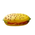 Detailed side view of a realistic hamburger-shaped squeaky chew toy for small dogs. - Long Burger Style
