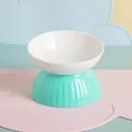 Bol en céramique surélevé pour chat et chien avec base vert menthe pour le cou - Bol à pied haut bouche inclinée / Blanc + Vert