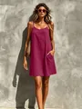 Elegant casual plum V-neck sleeveless spaghetti strap mini dress with pockets for women - S / Dresses / Burgundy
