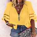Lässiges gelbes V-Ausschnitt-Shirt mit Front-Reißverschluss und Mesh-Glockenärmeln für den Sommer. - S / Oberteile / Gelb