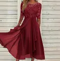 Elegant burgundy chiffon midi dress with exquisite lace embroidery and sheer sleeves - Burgundy