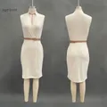 Front and back view of elegant apricot sleeveless V-neck dress with brown waist belt. - S / Dresses / Apricot