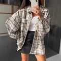 Ρετρό oversized καρό πουκάμισο για γυναίκες, χαλαρή casual καρό μπλούζα street στυλ - S / Tops / Καφέ Καρό