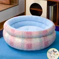 Soft round plush pet bed in pink plaid pattern with free small pillow for cats and dogs - Pink Rainbow With Pillow