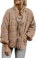 Close-up detail view of women's oversized solid color quilted jacket with stand collar - Light Khaki