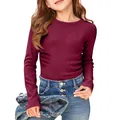 Detail shot of kids' burgundy ribbed long sleeve T-shirt with round neck and slim fit. - S / Tops / Burgundy