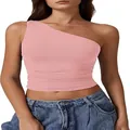 Top corto rosa sexy de un solo hombro sin mangas de corte ajustado para mujer con jeans - S / Tops / Rosa