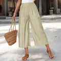 Casual khaki wide-leg cropped trousers for women with comfortable elastic waist and pockets - Apricot