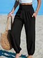Elegantes pantalones playeros negros de cintura alta con cintura elástica para mujer - S / Bottoms / Negro