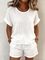 Elegantes weißes zweiteiliges Freizeitset aus Leinenimitat mit Kurzarm-Top und Shorts - S / Oberteil Und Unterteil / Weiß