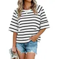 Comfortable women's black and white striped loose round neck T-shirt with bell sleeves - White Striped