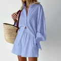 Ensemble deux pièces jacquard lilas avec chemise à manches bouffantes et short - S / Haut Et Bas / Bleu ciel