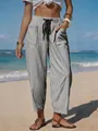 Detail of grey and white striped linen-like beach pants with drawstring and pockets - S / Bottoms / Black